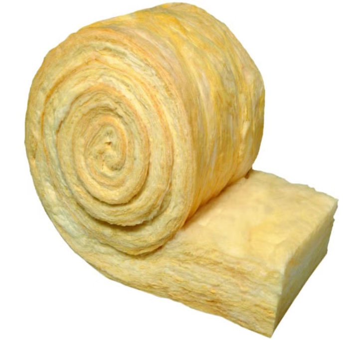 Fiberglass wool insulation rolls and slabs with foil backing used for thermal and acoustic insulation in walls, ceilings, and ducts