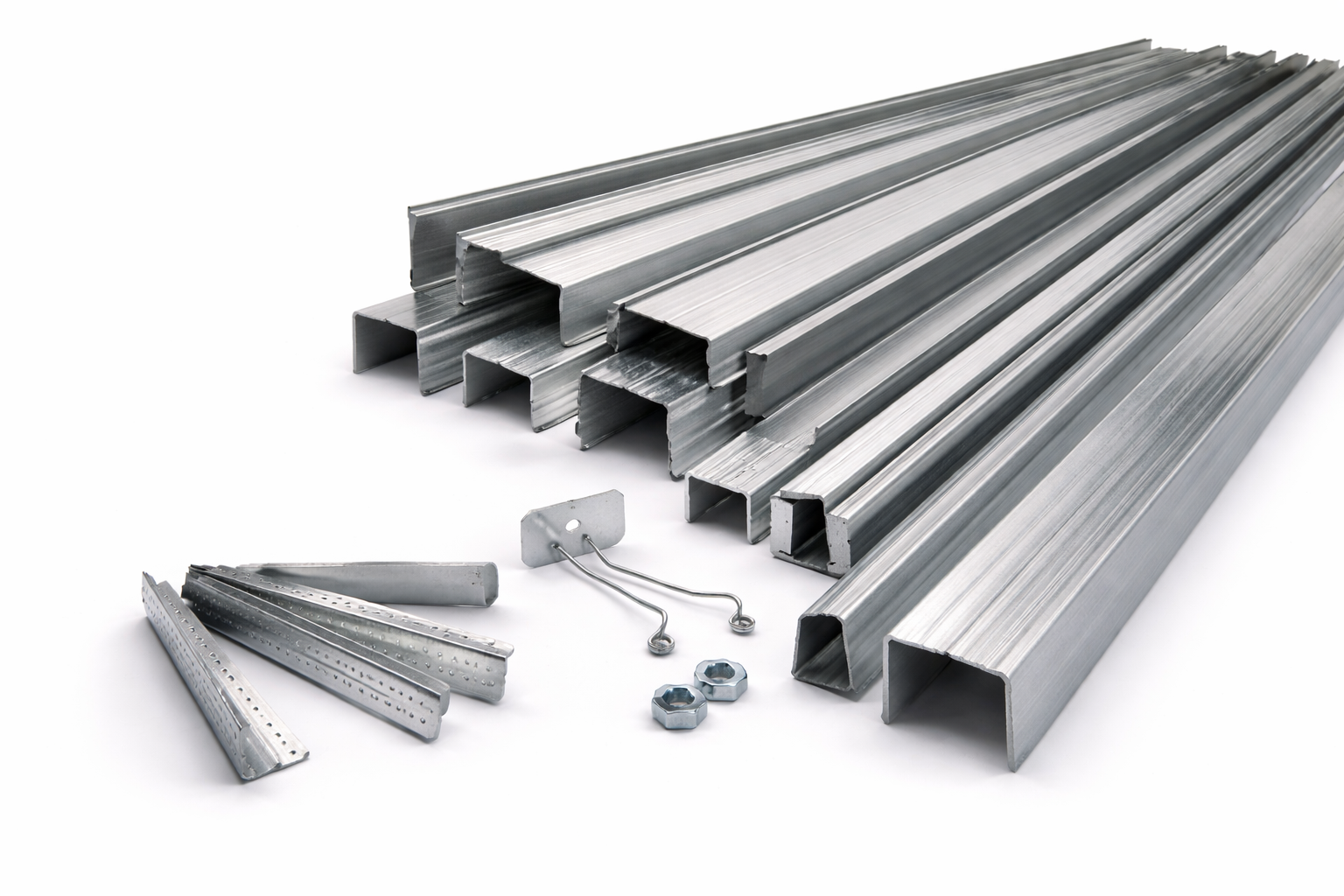 Light metal frames made of galvanized steel including C-channel, U-channel, and angle bars for wall and ceiling framing systems