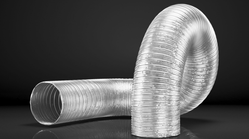 Aluminum flexible duct used for HVAC ventilation systems showing flexible aluminum foil ducting in various diameters